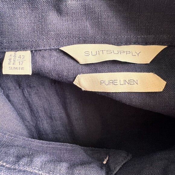 Suitsupply Slim Fit Tessitura Monti Pure Linen Long Sleeve Dress Shirt Navy - Picture 4 of 8